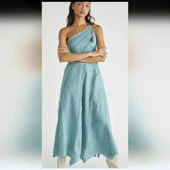 Free People Bella Maxi Dress Lace Inserts One Shoulder Tie Shoulder Mint aqua - Picture 1 of 6